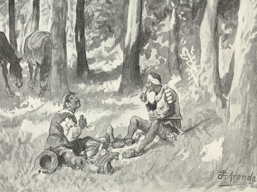 Don Quijote y Sancho Panza comiendo en el campo