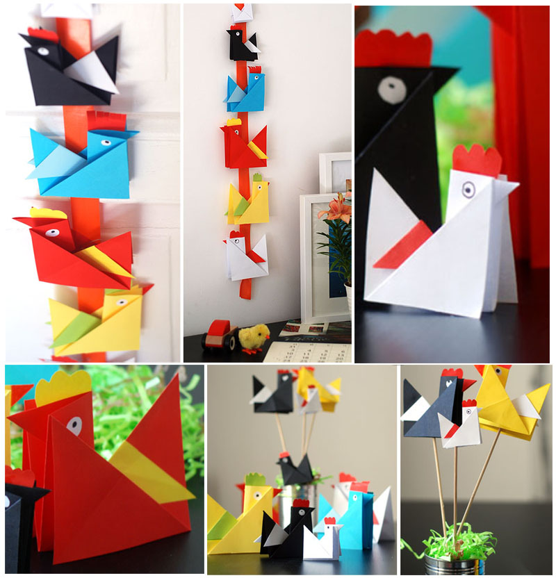 Alcune idee di utilizzo di origami di gallina, gallo e pulcini