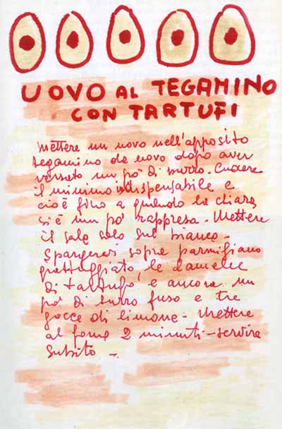 Ricette disegnate a pennarello, uovo al tegamino con tartufi di Ugo Tognazzi